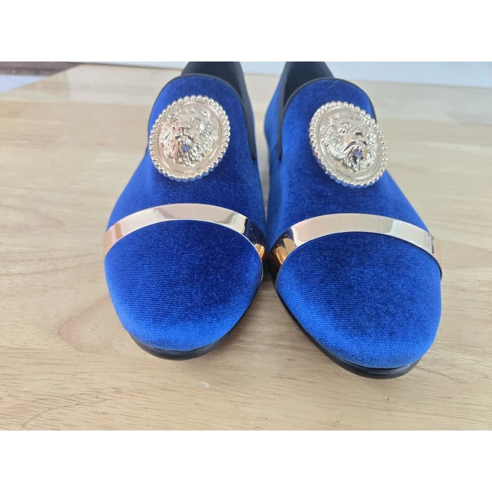 Harpelunde Men's Velvet Loafers Blue‎ Gold Lion Buckle Size 7